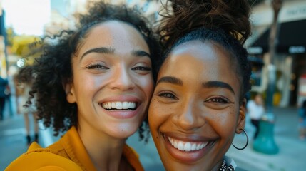 Two smiling women with curly hair one wearing a yellow top the other with a white top taking a...