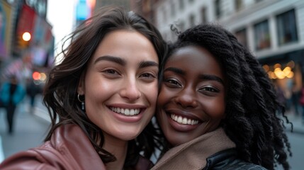 Two smiling women with different skin tones embracing each other on a city street with blurred background suggesting a bustling urban environment.