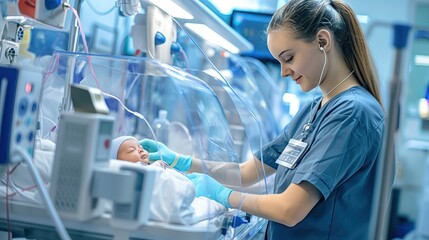 A dedicated neonatal nurse attentively monitors a newborn baby resting in an incubator within the specialized environment of a neonatal intensive care unit.. - obrazy, fototapety, plakaty