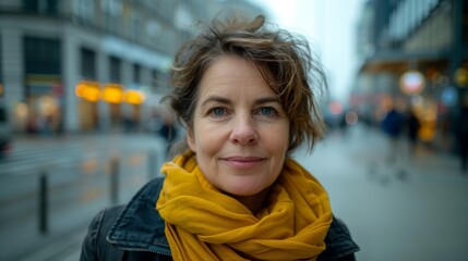 Fototapeta premium A woman with short hair and a yellow scarf smiling at the camera standing on a city street with blurred lights and buildings in the background.