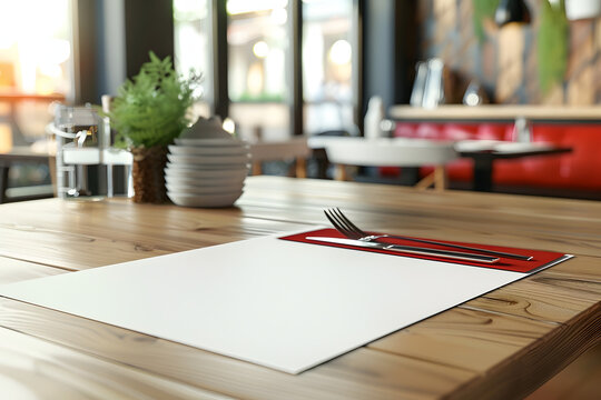 white paper placemat mock-up in a empty wood table, in background red and white decoration restaurant
