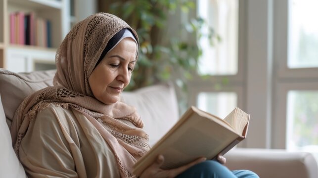 Woman in hijab reading book on couch in cozy room with natural light.