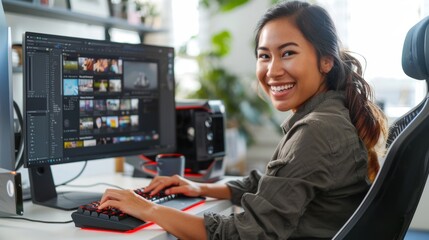 Young woman smiling at camera sitting at computer desk with large monitor displaying photo editing software using mechanical keyboard in modern office setting with plants and natural light.