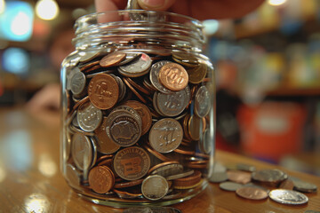 The hand holding the coin put it into a clear glass jar filled with various coins. to save money