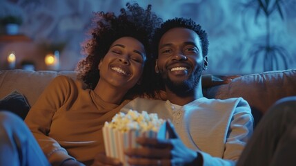 A joyful couple sharing a moment of relaxation enjoying a movie together with popcorn in a cozy dimly lit living room setting.