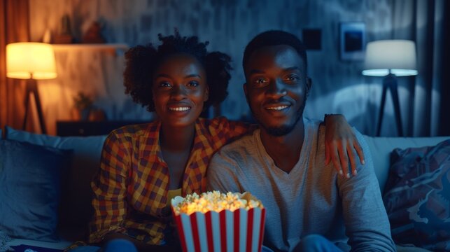 A young couple sitting on a couch smiling and enjoying a movie night with a bucket of popcorn.