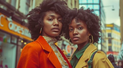 Obraz premium Two women with curly hair wearing big hoop earrings posing on a city street with a blurred background that suggests a bustling urban environment.