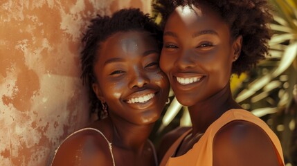 Two smiling women with dark skin one wearing an orange top leaning against a textured wall with a...