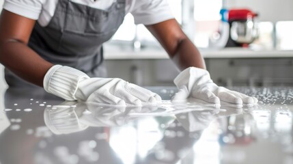 Person wearing white gloves and a gray apron working in a kitchen pouring liquid onto a reflective surface.