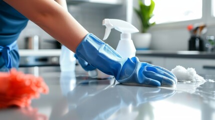 Person wearing blue gloves cleaning kitchen counter with spray bottle and sponge.
