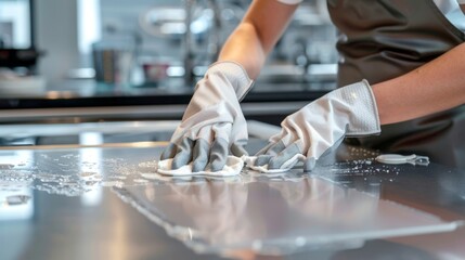 Person wearing white gloves working in a kitchen preparing food on a stainless steel surface.