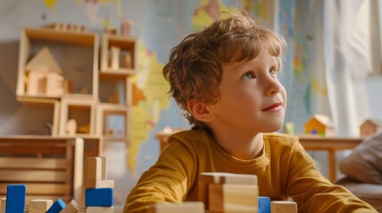 Young child with curly hair wearing a yellow shirt sitting at a table with wooden blocks looking up with a thoughtful expression in a room with a map on the wall and a window in the background.