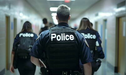 School Police Officer Patrolling Campus Hallway