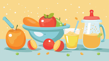 Bowl with healthy baby food and sippy cup on color background