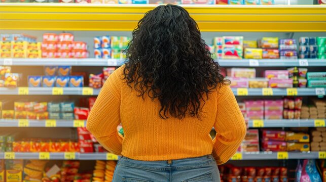 Woman with long dark curly hair wearing an orange sweater and blue jeans standing in a supermarket aisle with various snack food items on the shelves.