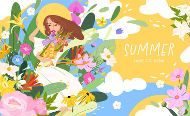 Summer banner with woman girl surrounded by flowers in a field. Cute card and poster, web and social media cover for the summer spring holiday. Showcasing the beauty of nature and botany