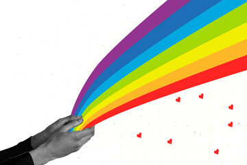 Image collage sketch of male hold rainbow support lgbt community isolated on drawing background