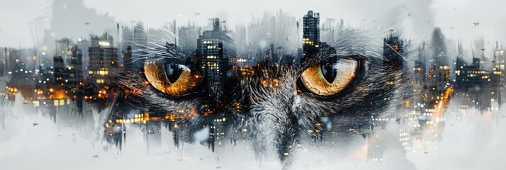 Feline Eyes Over Cityscape Double Exposure