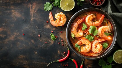 Savory shrimp soup seasoned with aromatic herbs and spicy chili peppers, served with lime wedges, in a dark rustic bowl on a textured background..