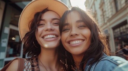 Two smiling women with dark hair one wearing a straw hat embracing each other on a sunny day in a...