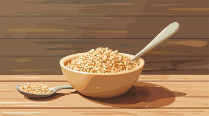 Bowl with sprouted wheat and spoon on wooden table vector