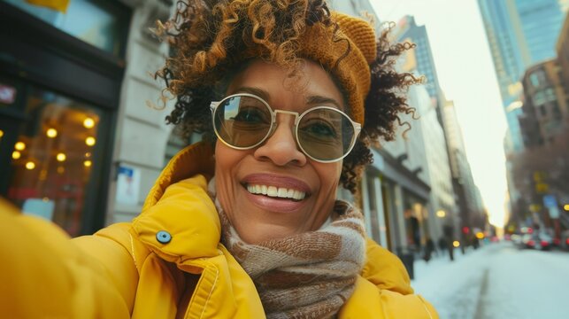 A woman with curly hair wearing a yellow coat a brown scarf and large round sunglasses smiling at the camera while standing on a snowy city street.