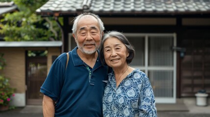 An elderly couple smiling and embracing standing in front of a traditional Japanese house with a tiled roof and wooden structure.