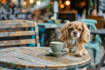 Cute little dog drinking coffee outdoor at cafe