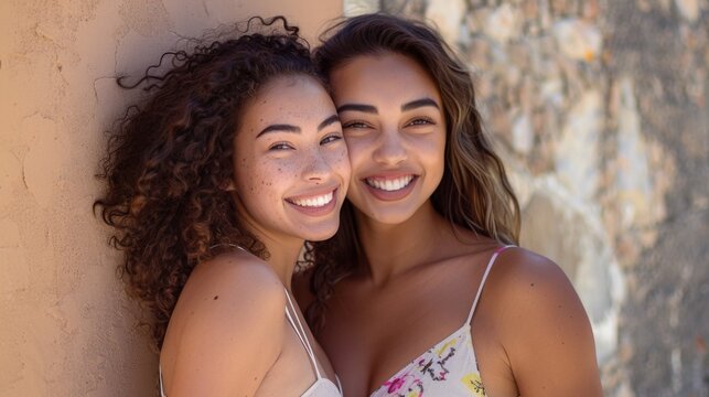 Two young women with radiant smiles one with curly hair both wearing white tank tops leaning against a textured wall exuding joy and friendship.