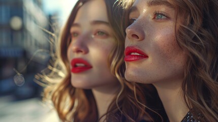 Obraz premium A close-up of a woman with freckles wearing red lipstick looking away from the camera with a soft expression set against a blurred cityscape.