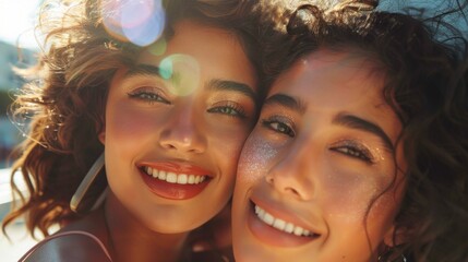 Two smiling women with glowing skin and sparkling eyes sharing a joyful moment together their hair...