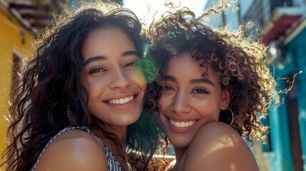 Two smiling women with curly hair one wearing a striped top embracing each other in a sunny urban...
