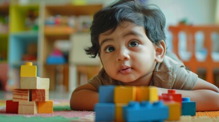 A curious toddler with dark hair wearing a light-colored top sitting on the floor and looking intently at a colorful stack of wooden blocks.