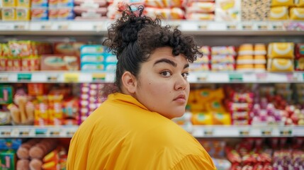 A young woman with curly hair wearing a yellow top standing in a supermarket aisle with various packaged food items on the shelves behind her.