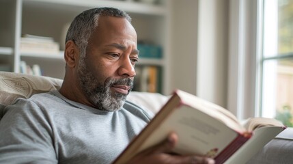 A man with a gray beard and mustache wearing a gray t-shirt sitting in a cozy room engrossed in reading a book with a red cover.