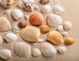 Wakacyjne tło z muszelkami na piasku