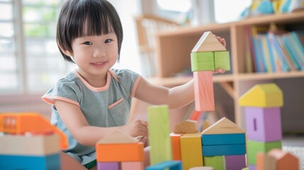 Young child with a joyful smile holding a wooden block surrounded by colorful building blocks...
