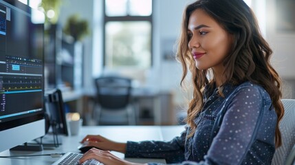 Fototapeta premium Young woman with long hair smiling sitting ata desk with a computer monitor and keyboard in a modern office setting with natural light.