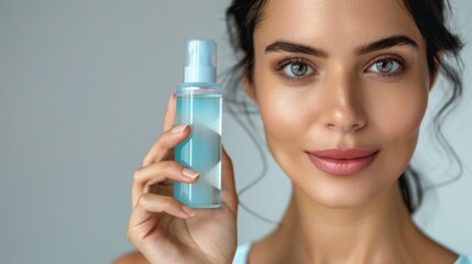 Beautiful woman holding a clear bottle of blue liquid possibly a skincare product with a gentle smile and a soft gaze against a neutral background.