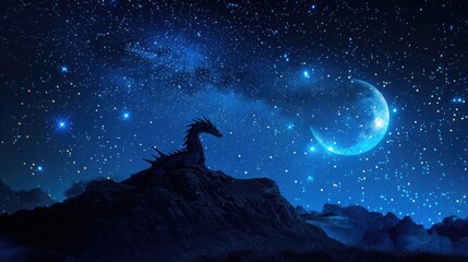 Mystical Dragon Silhouette Against Starry Night Sky
