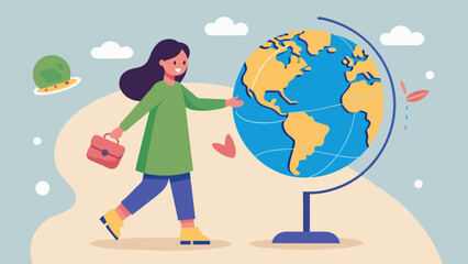 A young girl stands next to a globe excitedly tracing her finger along the paths her ancestors traveled to settle in her current country.. Vector illustration