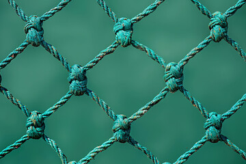 turquoise knotted net against a green blurred background