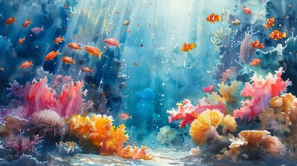 Vibrant watercolor painting of a coral reef ecosystem with colorful fishes and plants