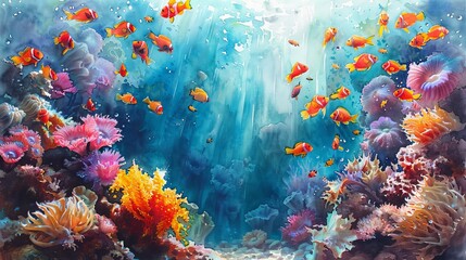 Fototapeta na wymiar Vibrant watercolor painting of a coral reef ecosystem with colorful fishes and plants
