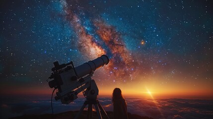 Astronomers observing celestial objects through a large telescope,Stars and galaxies visible in the night sky - obrazy, fototapety, plakaty