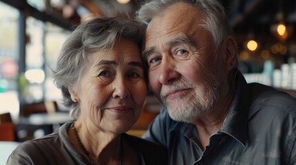 An elderly couple sharing a tender moment their faces close together their expressions gentle and affectionate set against a warmly lit cozy restaurant backdrop.