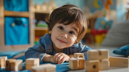 A young child with a joyful expression sitting on the floor playing with wooden blocks in a colorful and playful room.