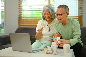 Happy mature couple having online consultation with doctor at home. Healthcare and telehealth concept