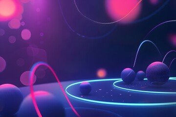 Abstract background with a bright neon circle surrounded by various sized balls in vibrant colors. Generative AI