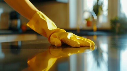 Yellow rubber glove on hand resting on reflective surface with blurred kitchen background.
